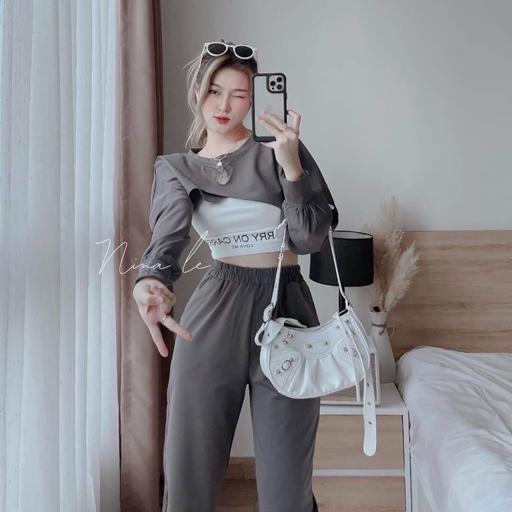Sét bộ dài 3 món áo tay dài chéo ngực mix áo bra phối quần dài bo chun năng động cá tính