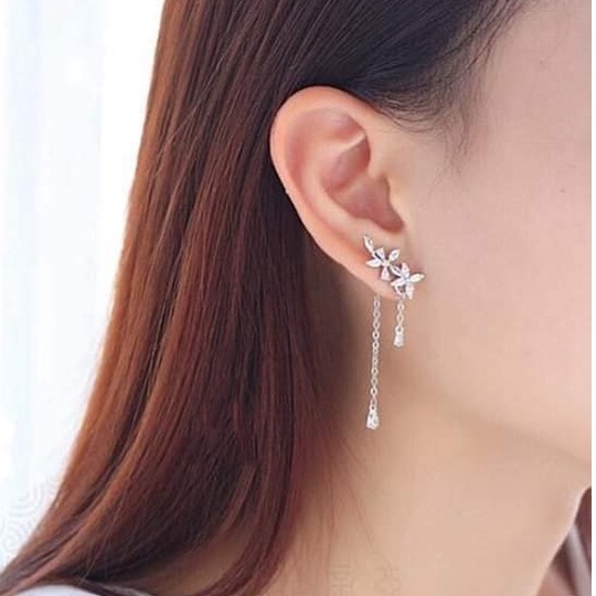 Khuyên tai bạc khuyên Hoa tua thả đá phong cách Tiểu Thư