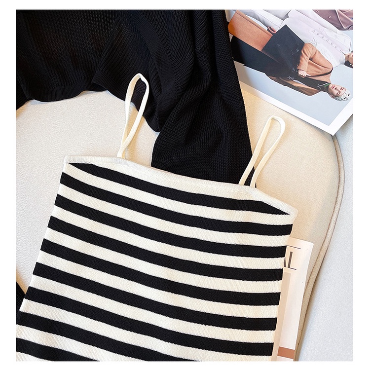 NUZIRO Bộ đồ  gồm áo dệt kim tay dài cổ tròn kẻ sọc và áo hai dây xinh xắn thời trang Hàn Quốc cho nữ (Có bán lẻ)