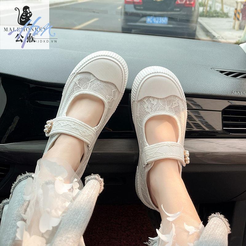 Giày Canvas Mùa Hè 2022 Thoáng Khí Quai Dán Phối Ren Và Dây Quai Dán Phong Cách Mới Cho Nữ