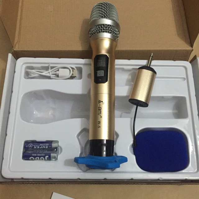 Mic karaoke không dây Ami W5 chất liệu vở kim loại đèn hiển thị sóng dùng cho tất cả các loa và âm li hỗ trợ mic