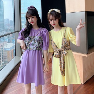 Đầm tay phồng kèm áo khoác in hoa phong cách retro dành cho nữ
