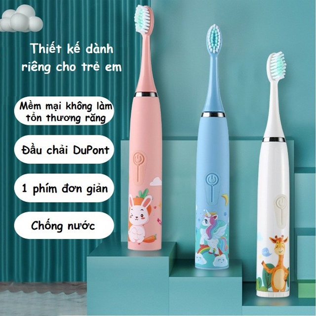 Bàn Chải Răng Điện Cho Bé thương hiệu Sonic với 4 chế độ làm sạch cùng với đầu bàn chải mềm mại bảo vệ bé