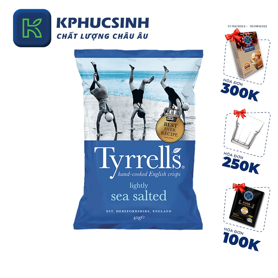 Khoai tây chiên Tyrrells lightly sea salted hand cooked crips 40g KPHUCSINH - Hàng Chính Hãng