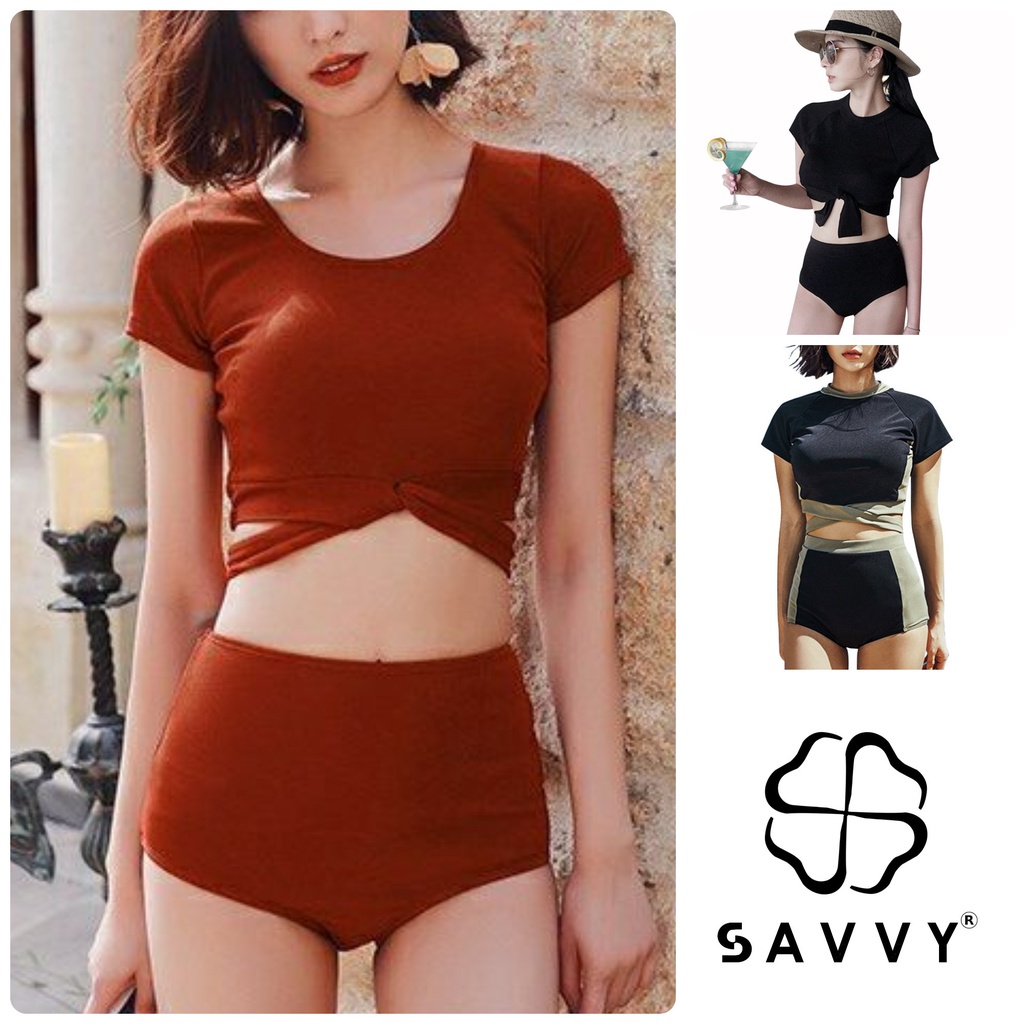 Bikini đồ tắm đi biển 2 mảnh cộc tay quần chip, đồ bơi áo ngực dây buộc cam đen SAVVY summer women two-piece swimwear