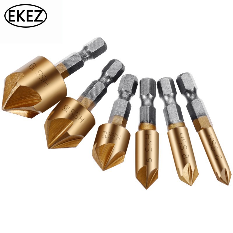EKEZ Bộ 6 Mũi Khoan Đầu Vít 5 Lưỡi Phủ Titanium 6-19mm Chuôi Lục Giác Đầu Gỗ