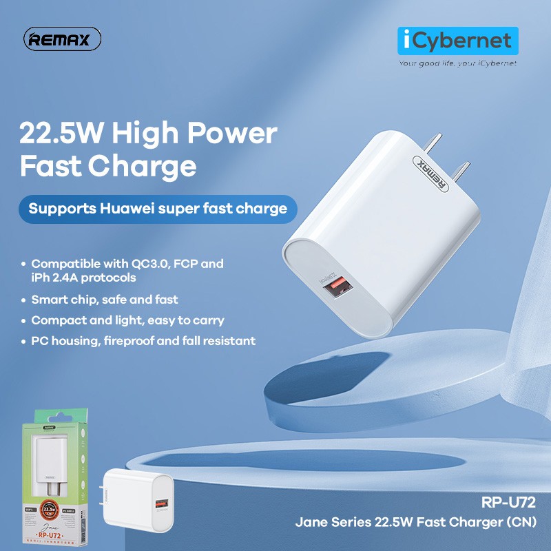 Bộ sạc nhanh REMAX Jane Series 22.5W 1 USB RP-U72- Hàng chính hãng