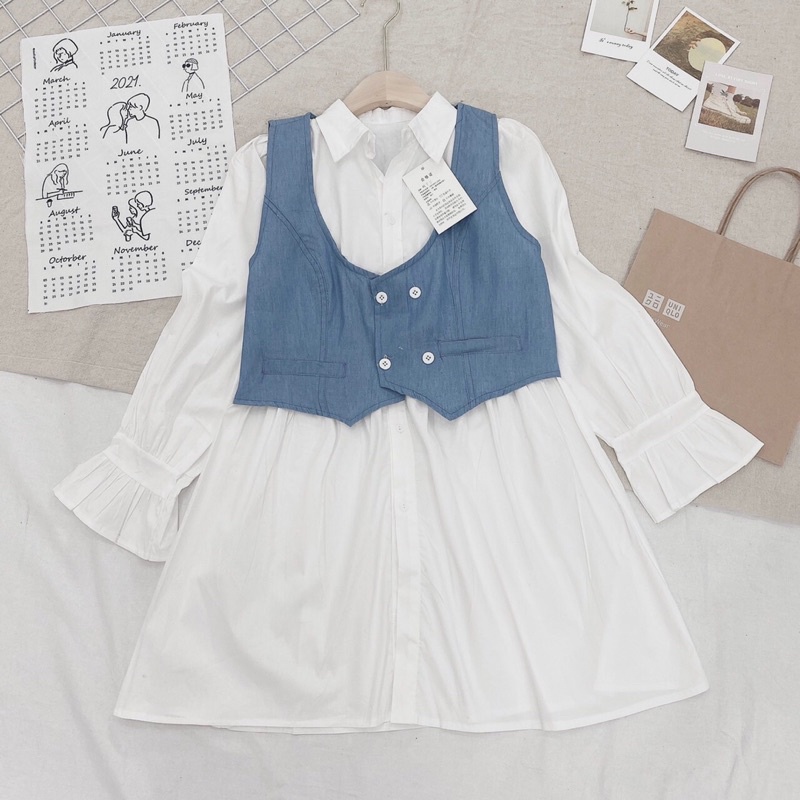 Set váy sơ mi kèm gile