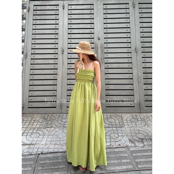 Đầm maxi nhún ngực DOLLY DRESS xanh cốm | BigBuy360 - bigbuy360.vn