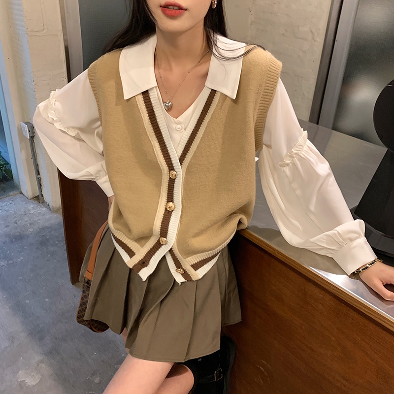 Áo khoác len không tay cổ chữ V màu sắc tương phản thời trang | BigBuy360 - bigbuy360.vn