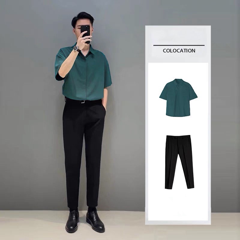 Áo sơ mi nam ngắn tay lụa không nhăn Cao cấp , kiểu cộc tay lỡ nam đen trắng xanh nâu form rộng dáng Hàn Quốc công sở