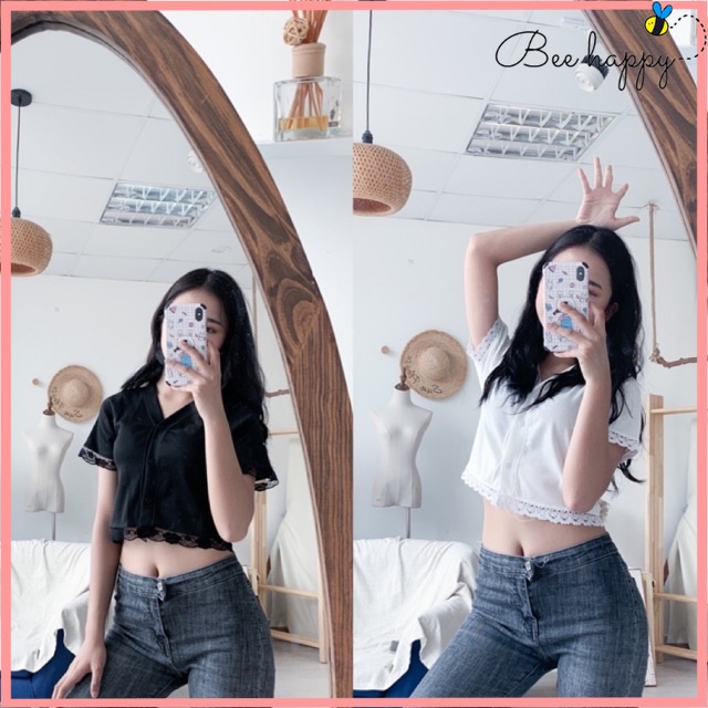 Áo croptop viền ren cộc tay đen, trắng ( ảnh thật) BEE HAPPY hàng có sẵn