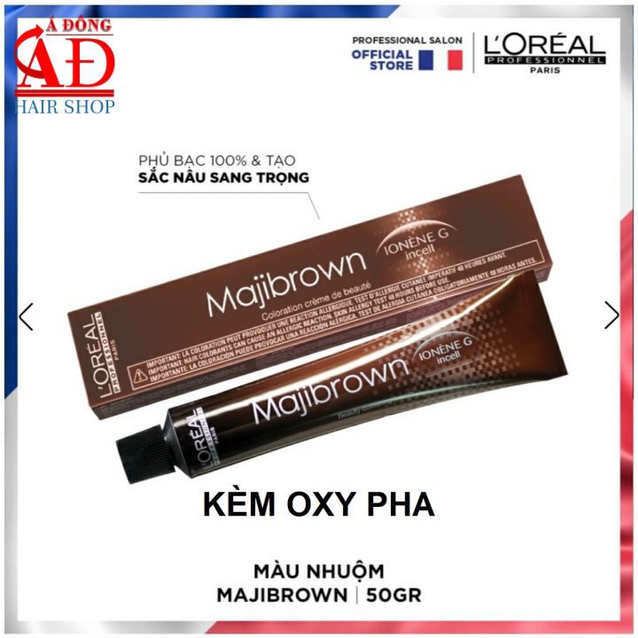 Thuốc nhuộm tóc phủ bạc 100% caon ấp L'oreal Majibrown 50ml + oxy hàng chuyên nghiệp trong Salon