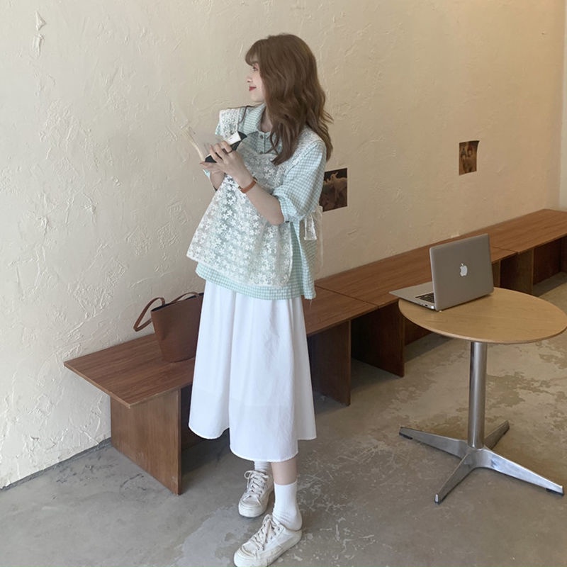 Set Áo Sơ Mi Tay Phồng Kẻ Sọc Caro + Chân Váy Màu Trắng Thiết Kế Mới Thời Trang Mùa Hè Theo Phong Cách Hàn Quốc Cho Nữ