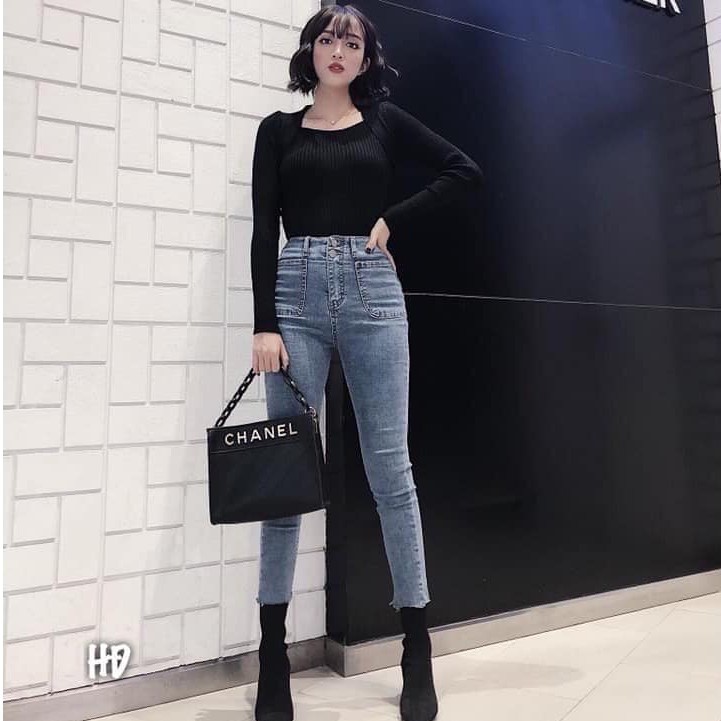 Quần jeans nữ túi vuông 💖FREESHIP💖 Quần bò 2 khuy ôm giãn túi vuông AD26