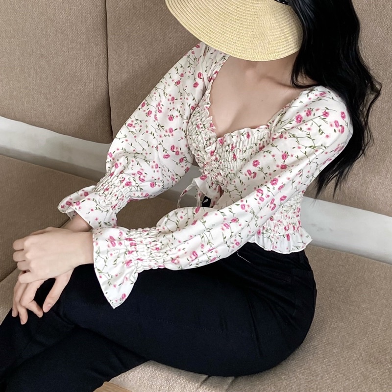 ÁO CROPTOP MÀU SẮC CHIZISHOP TƯƠI TẮN TRẺ TRUNG HOA NHÍ RÚT GIỮA TAY DÀI