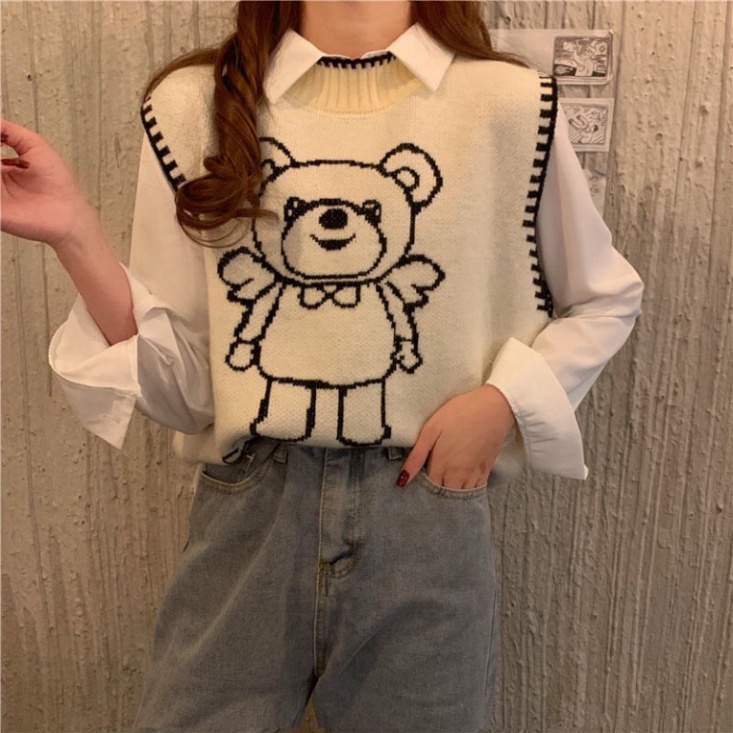 Gile Len Nữ Quảng Châu, Áo Gile Len Form Rộng Unisex Họa Tiết Hình Gấu Cổ Tròn Taobao | BigBuy360 - bigbuy360.vn