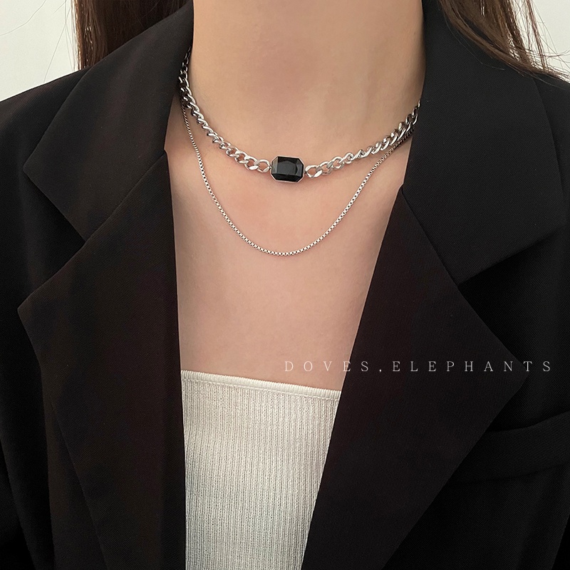 Vòng cổ hai lớp bằng thép titan màu đen đính đá phong cách hip hop đường phố