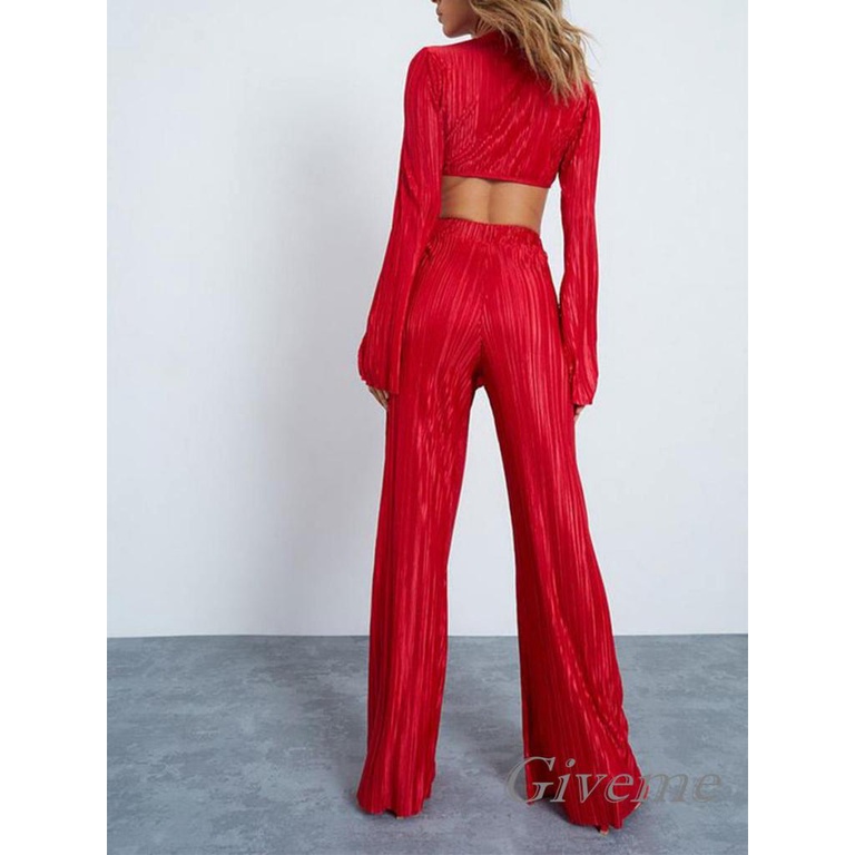 Set Áo Lửng Hai Dây Cổ V Sâu + Quần Dài Ống Rộng Thời Trang Nữ