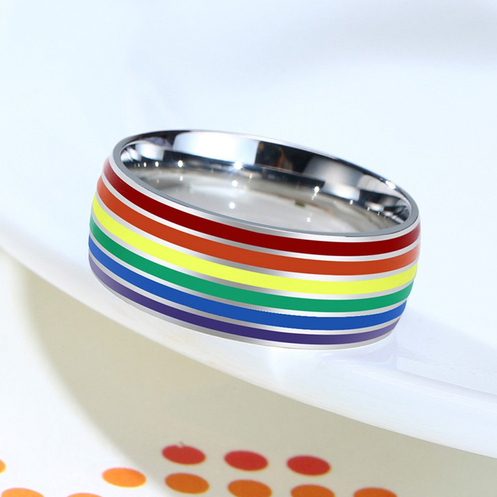 8mm Stainless Steel Enamel Rainbow LGBT Pride Ring US  7 Size  17.4mm