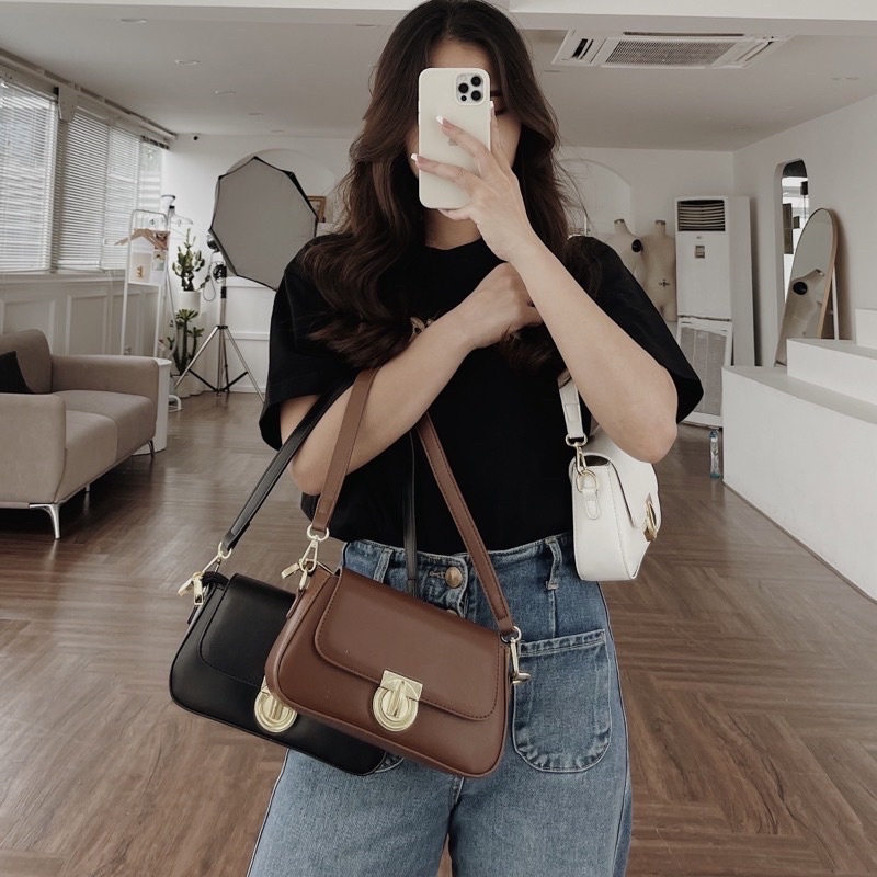 Túi đeo chéo có dây kẹp nách khoá tròn da trơn thời trang hàng đẹp