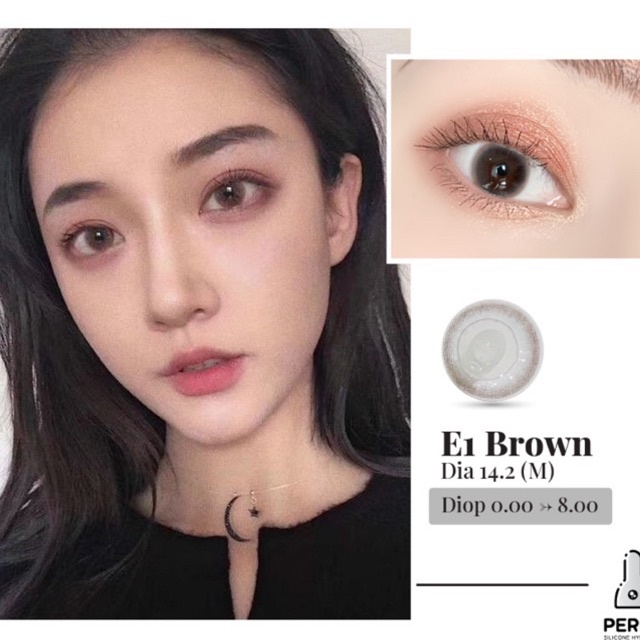 Lens ẢNH MẮT THẬT , Kính Áp Tròng E1 BROWN Có Độ Cận và Không Độ , DIA 14.2 M ,Cho Mắt Nhạy Cảm Giá Sale