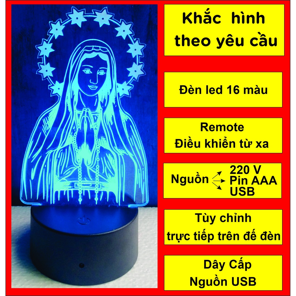 Đèn thờ  Mẹ Maria .Đèn ngủ  16 màu 3d  , khắc hình theo yêu cầu
