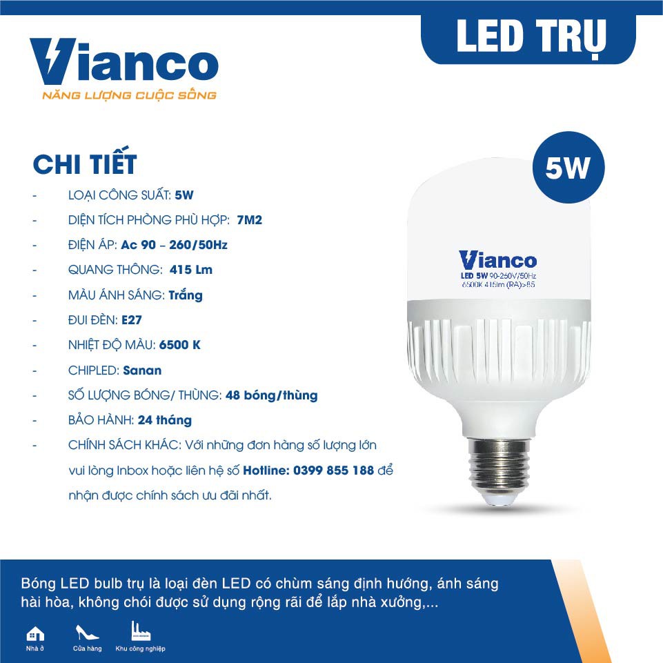 Bóng Đèn Led Trụ Nhựa VIANCO Siêu Tiết Kiệm Điện Năng, Led Trụ Có Chùm Sáng Định Hướng Công Suất Nhỏ