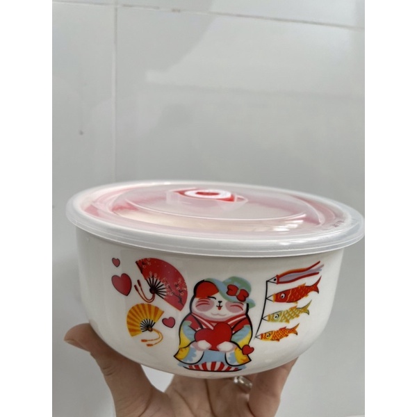 Thố gốm trắng men hoạ tiết mèo may mắn có nắp đậy hút chân không