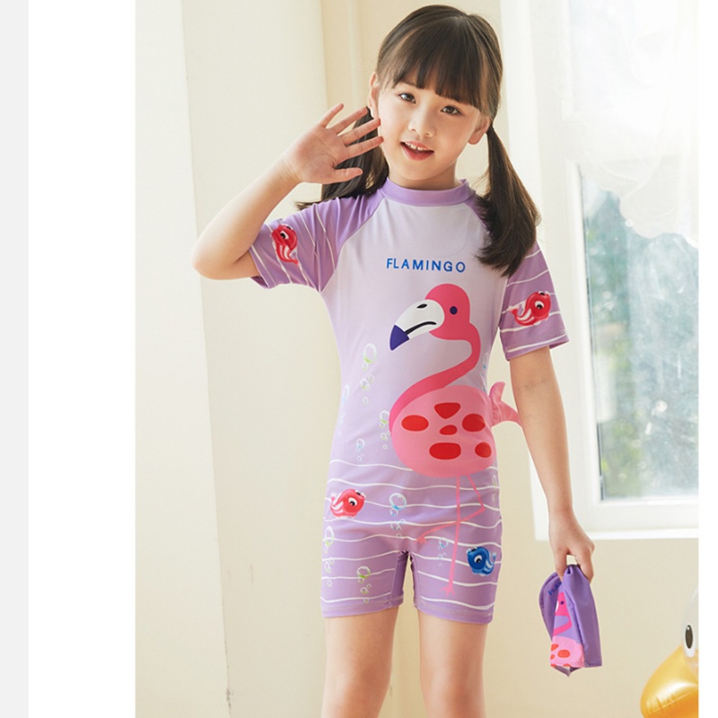 Bộ Đồ Bơi Kèm Nón Màu Tím In Họa Tiết Hồng Hạc / Kỳ Lân Dễ Thương Thời Trang Cho Bé Gái 1-9