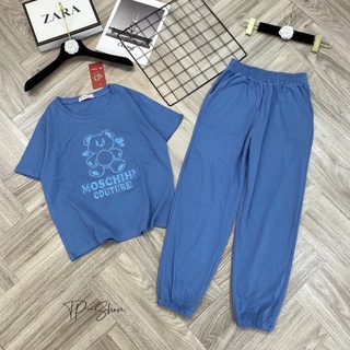 Set bộ áo cộc tay quần dài bo chun gấu hình gấu moschino thêu dễ mặc