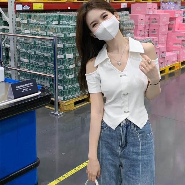 Áo Thun Tay Ngắn Cổ Chữ V Hở Vai Thời Trang Mùa Hè Phong Cách Hàn Quốc Mới