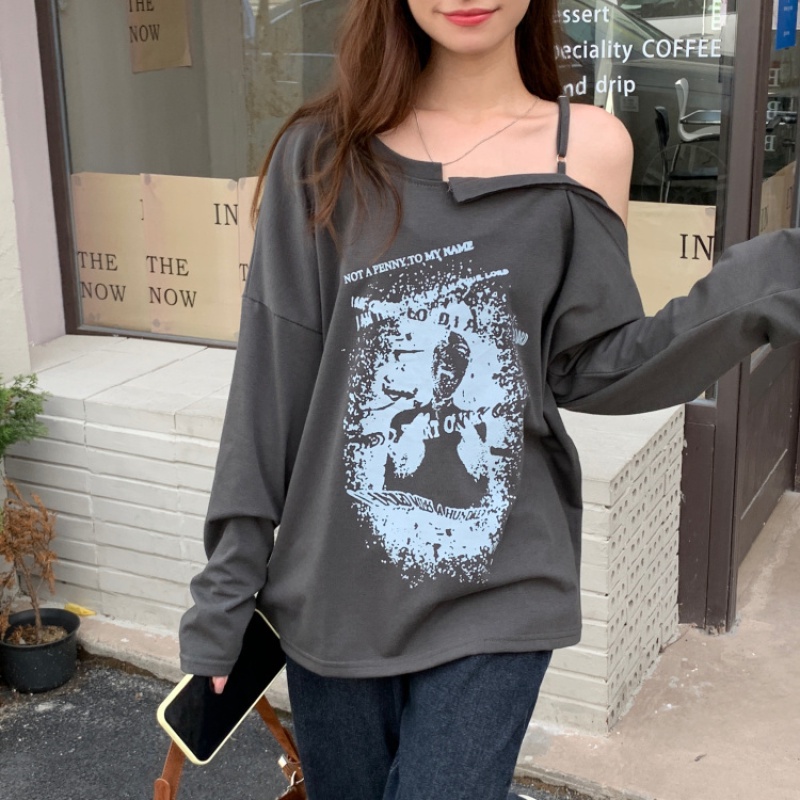 Áo thun tay dài hở vai in họa tiết graffiti thời trang thu sành điệu