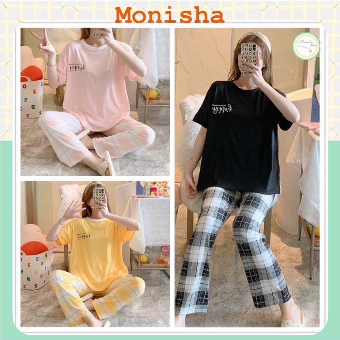 Bộ ngủ ngắn tay cotton quần caro, bộ mặc nhà nữ cute DN06