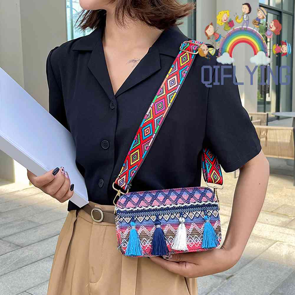 Túi Da PU Đeo Chéo In Họa Tiết Sọc Thổ Cẩm Phối Tua Rua Phong Cách Dân Tộc Cho Nữ