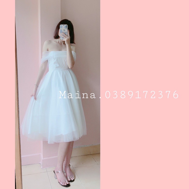 Đầm/váy công chúa midi trắng dự tiệc hàng chuẩn loại 1, bốn lớp bồng bềnh có ảnh thật Maina