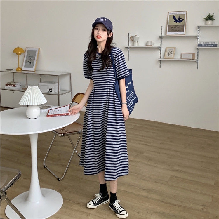 Đầm thun nữ kẻ sọc basic form rộng thời trang