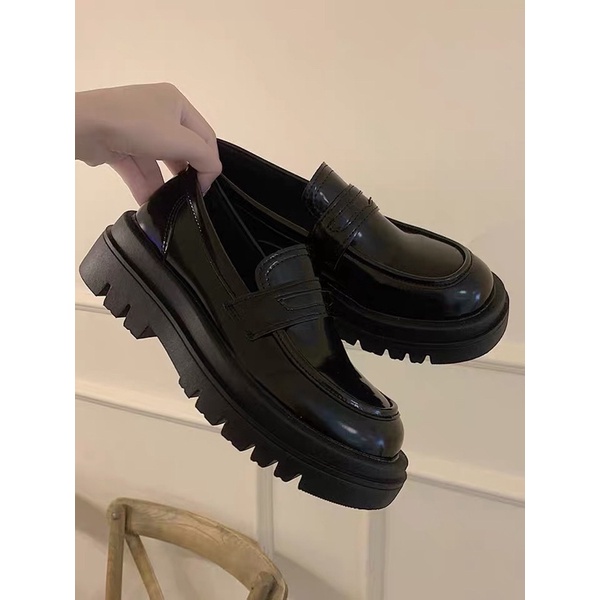 Giày loafer oxford đen bóng đế cao học sinh vintage ulzzang Hàn Quốc Yannie