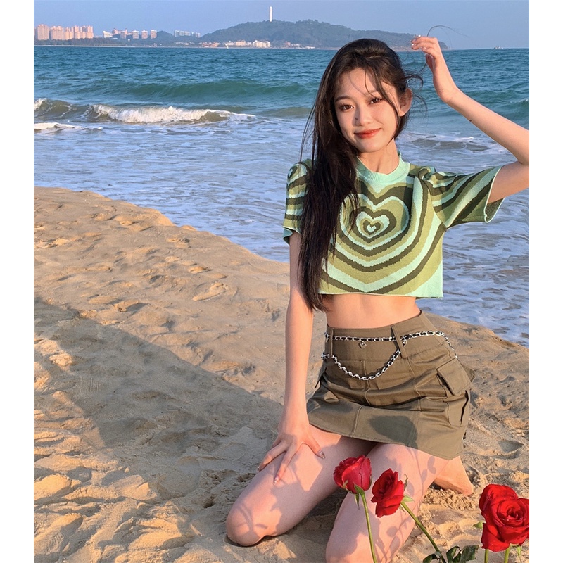 Cocory vn Áo Croptop Dệt Kim Tay Ngắn Dáng Ôm In Hình Trái Tim Thời Trang Mùa Hè Quyến Rũ Cho Nữ