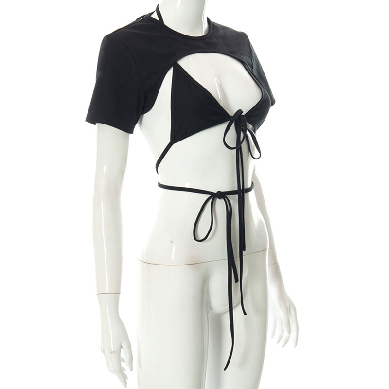 Set Đồ Mùa Hè 2 Món Gồm Áo Croptop Cổ Chữ V Tay Cộc + Áo Thun Lửng Cổ Chữ V Gợi Cảm Cho Nữ