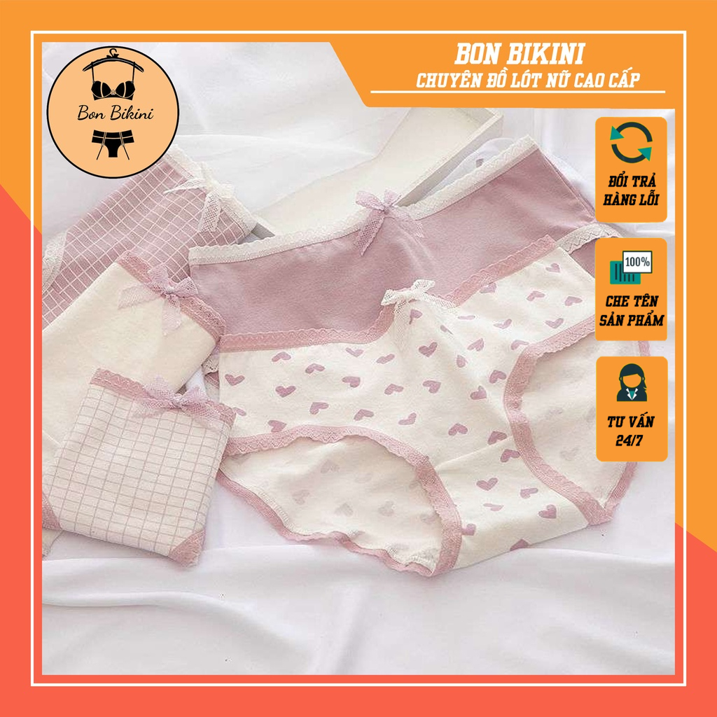 Quần Lót Nữ Cotton Viền Ren Cạp Thấp Tim Hồng Thấm Hút Mềm Mịn QC23