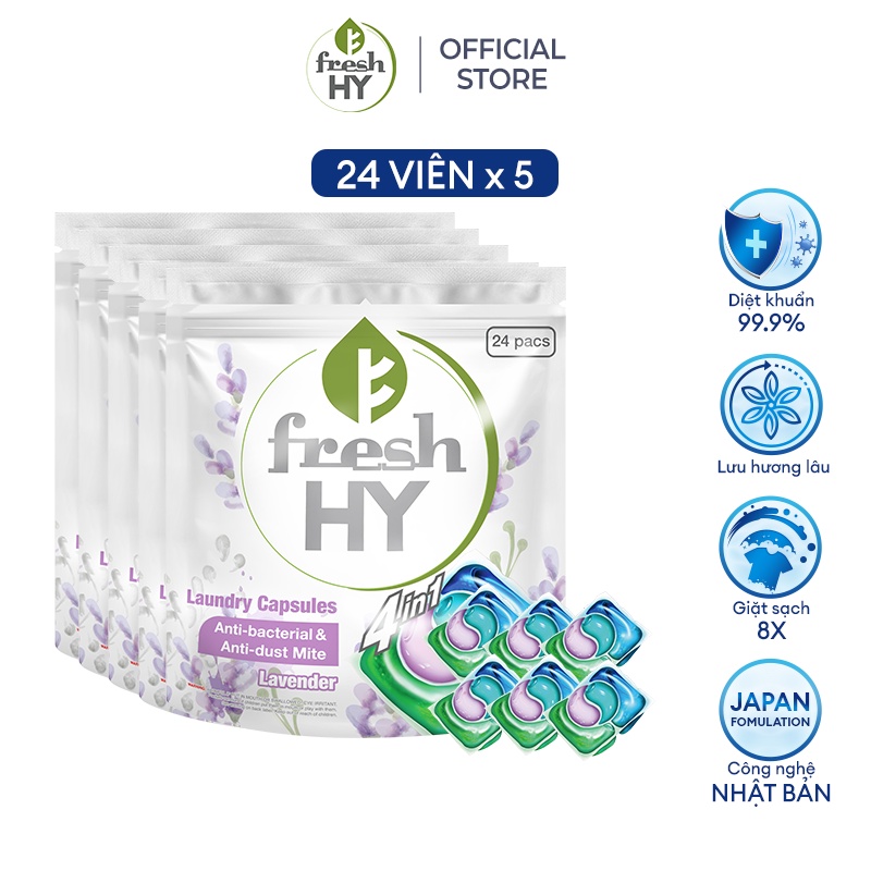 Combo 5 Túi Viên Giặt Xả Tiện Lợi 4 trong 1 Fresh Hy Hương Hoa Công Nghệ Nhật Bản (24 Viên/ Túi)