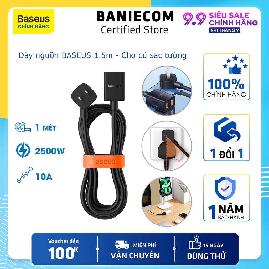 Dây nguồn BASEUS chịu tải 2500W dài 1m - Chân US Monitor Router Laptop Charger Fan&Lamp - Hàng chính hãng dày dặn