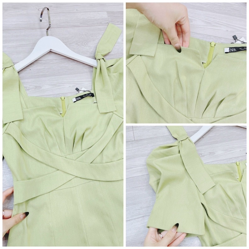 VN648 - VÁY XANH CỐM DÂY ĐAN NGỰC CẮT V NƠ VAI