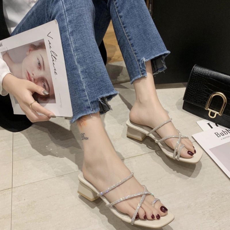 Giày sandal nữ cao gót 5 phân , Dép nữ sỏ ngón quai đính đá sang trọng rễ phối đồ S06