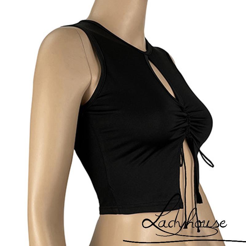 Áo Croptop Không Tay Màu Trơn Thiết Kế Hở Lỗ Phối Dây Rút Thời Trang Mùa Hè Cho Nữ