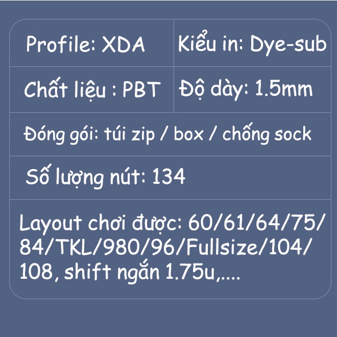 Keycap XDA Plastic giá rẻ, nhựa PBT in dyesub, 134 nút bàn phím cơ