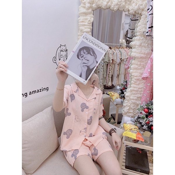 Bộ ngủ pijama muslin mùa hè tay cộc quần cộc