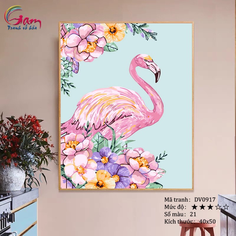 Tranh tự tô màu theo số sơn dầu số hóa Gam Tranh hồng hạc và hoa Flamingo DV0917