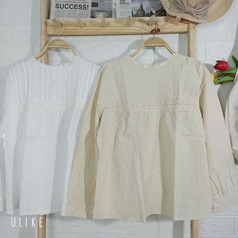 áo sơ mi kiểu dài tay xếp li ngực vintage ảnh thật